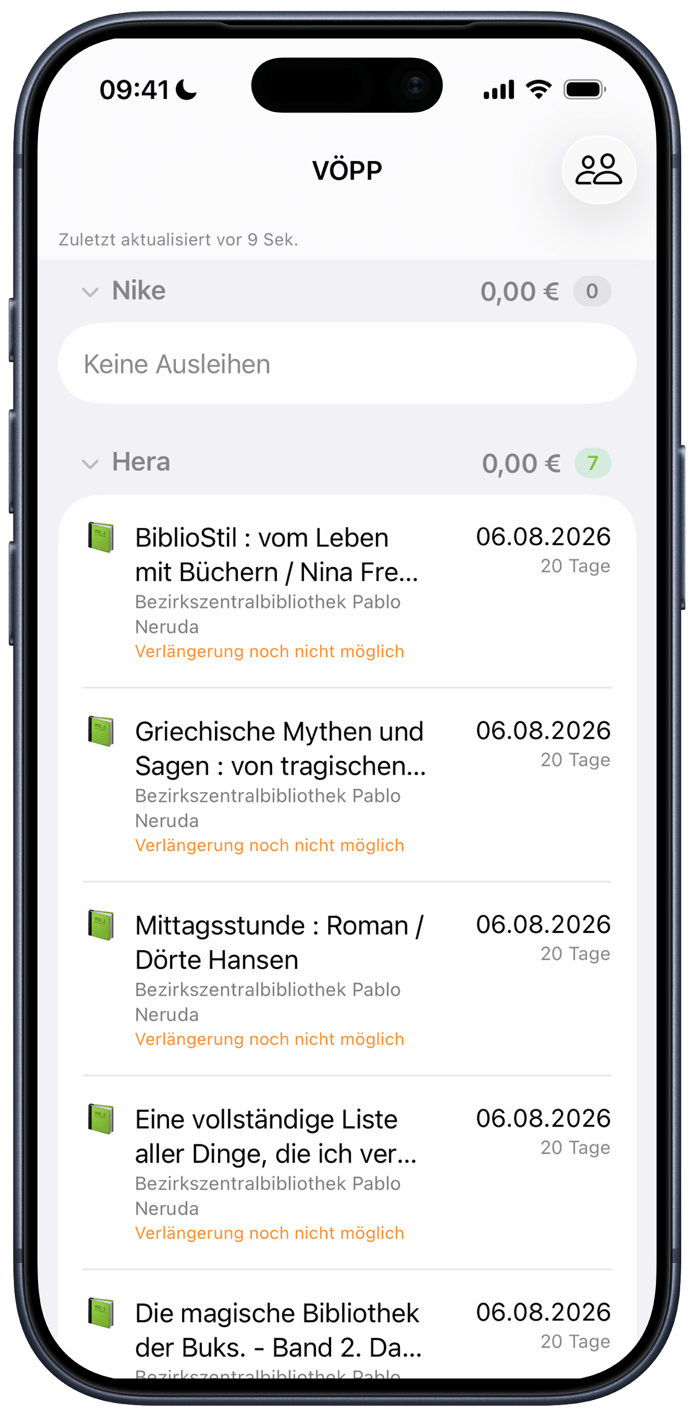 VÖPP Screenshot: Ausleihen-Liste mit Rückgabedaten und Verlängerungsstatus