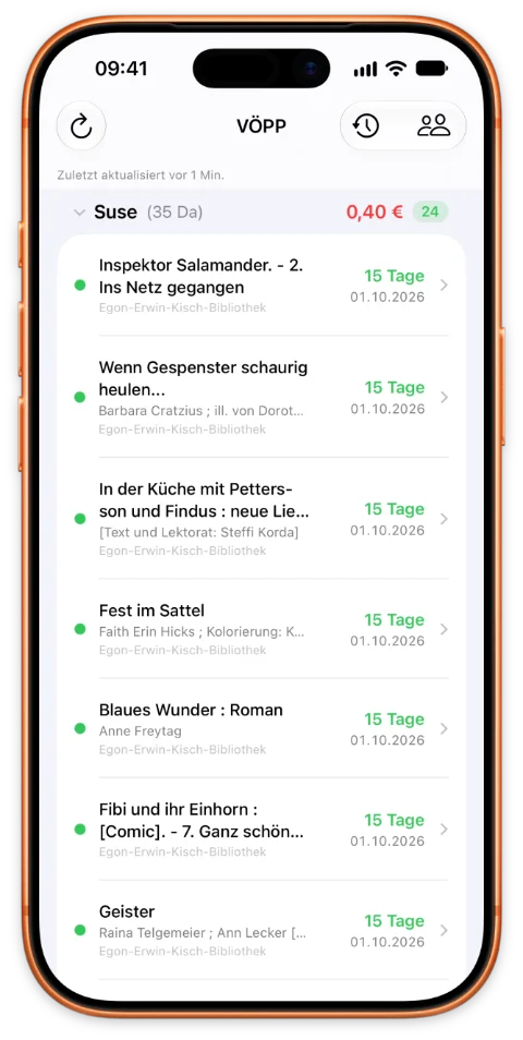 VÖPP Screenshot: Ausleihen mit Ampel-Punkt, Restlaufzeit und Rückgabedatum