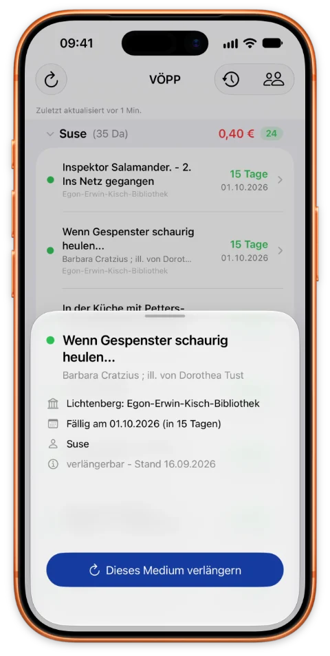 VÖPP Screenshot: Detailansicht eines Mediums mit Verlängern-Button