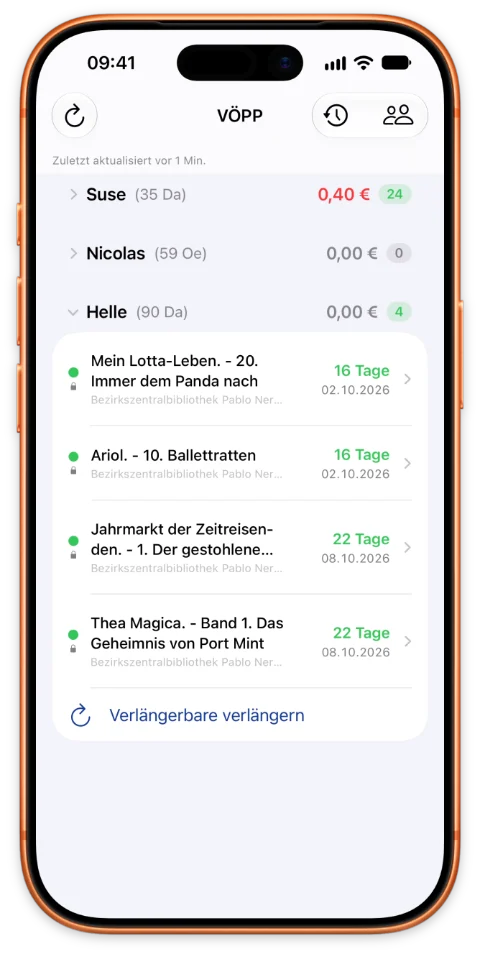 VÖPP Screenshot: mehrere Konten der Familie, ein- und ausklappbar