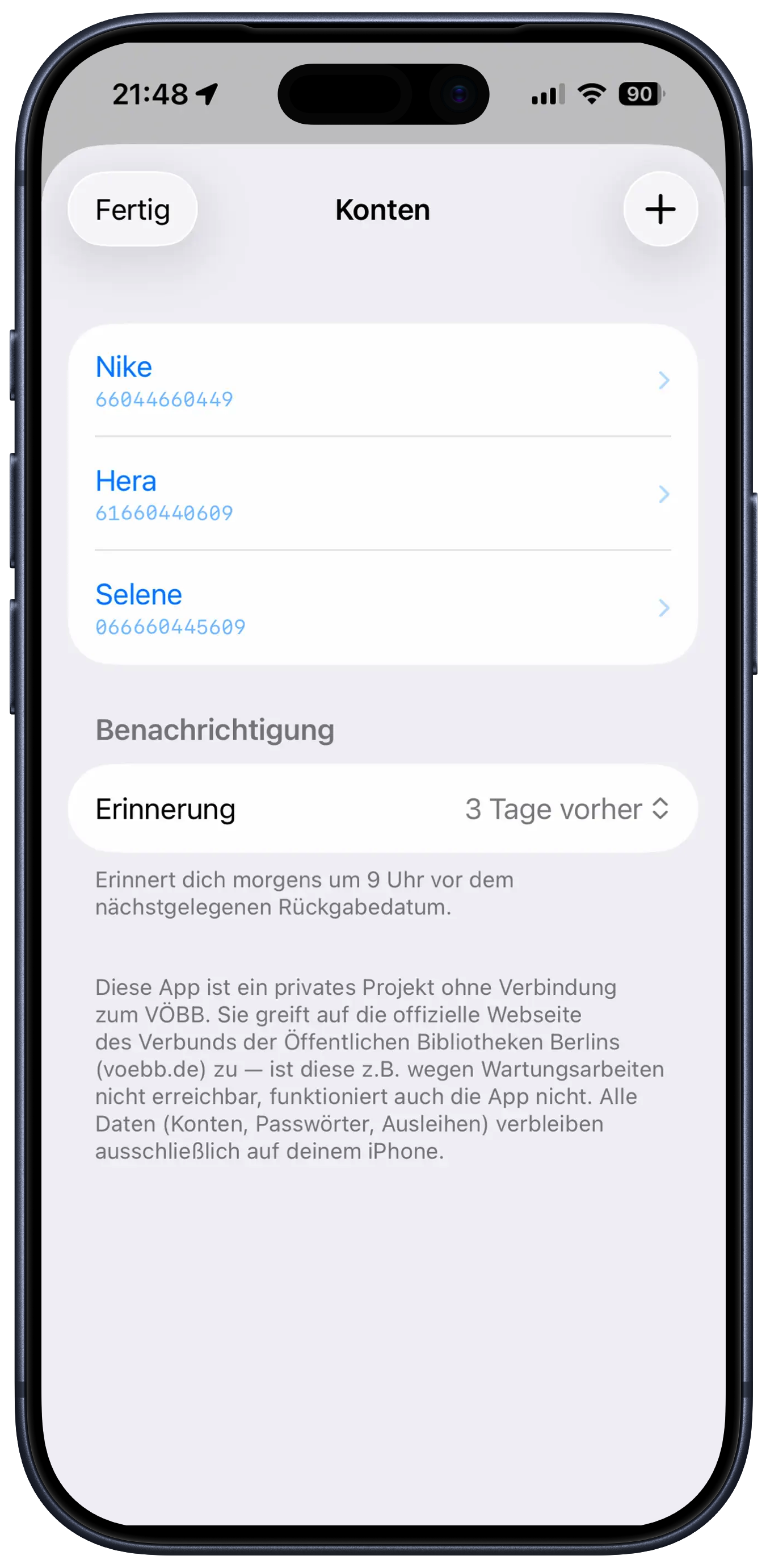 VÖPP Screenshot: Konten-Verwaltung mit Erinnerungs-Einstellung