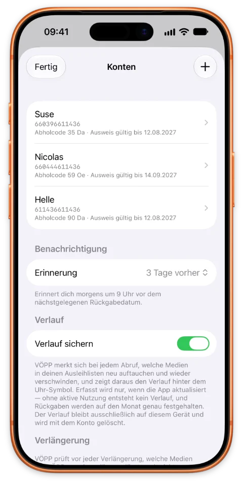 VÖPP Screenshot: Konten-Verwaltung mit Erinnerung und Verlauf-Schalter