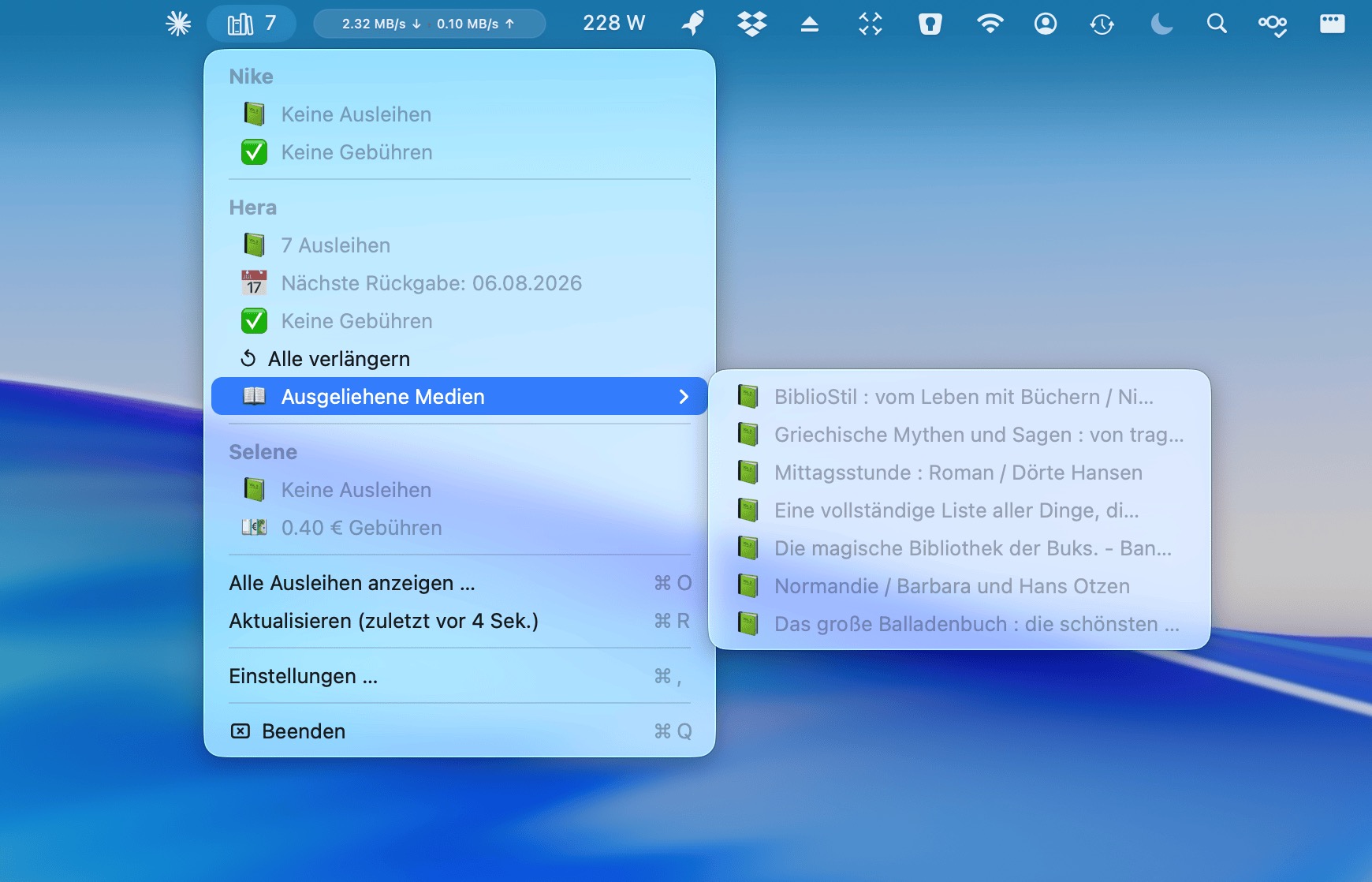 VÖPP Menüleisten-App am Mac: Konten mit Ausleihen, nächster Rückgabe und Verlängern direkt aus der Menüleiste