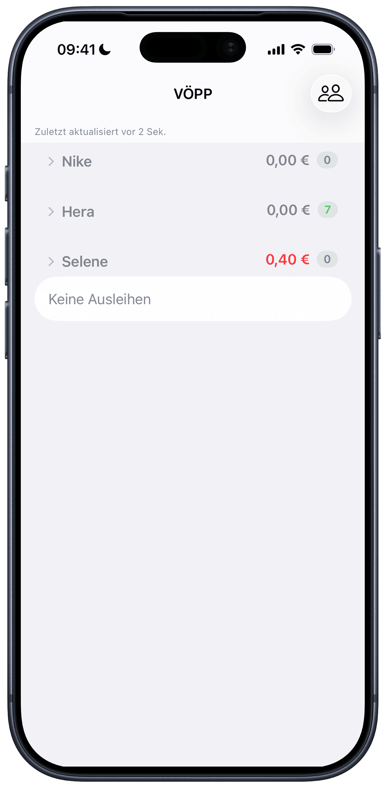 VÖPP Screenshot: Übersicht aller Konten mit Ausleihzahl und offenen Gebühren
