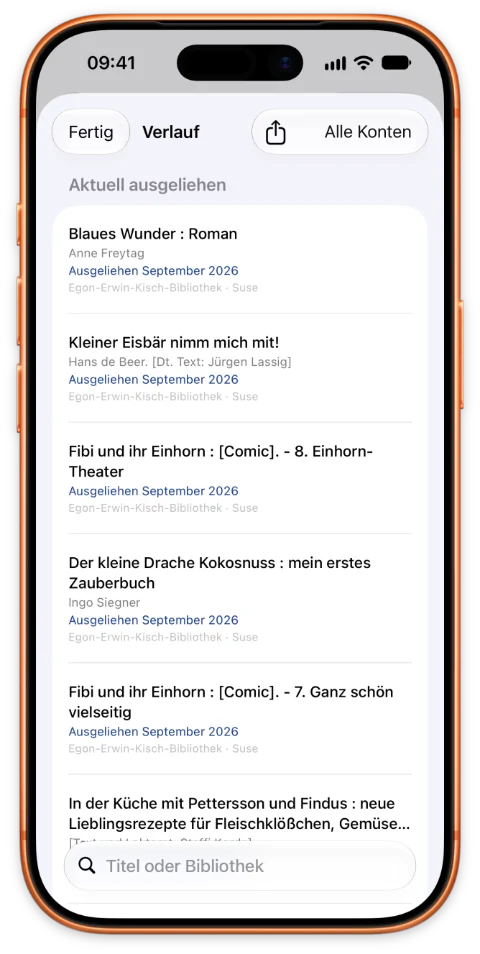 VÖPP Screenshot: Verlauf früherer Ausleihen mit Suche und Export